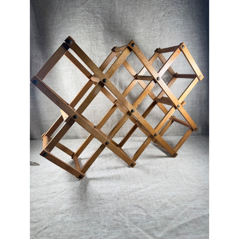 Vintage MCM Wood Accordion Wine Rack 10 Bottle Expandable Folding Japan Brown